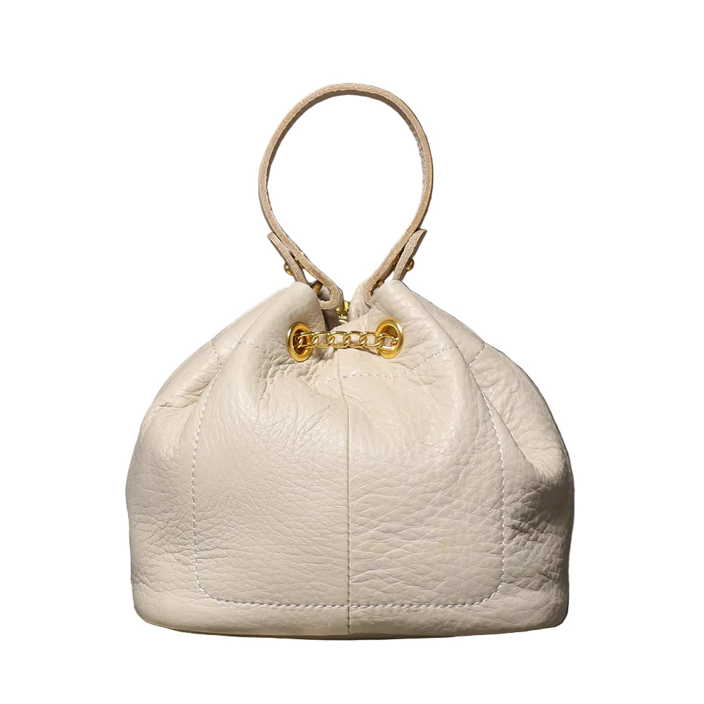 Handcrafted Top Grain Cowhide Leather Mini Bucket Bag | Women's Drawstring Chain Crossbody Purse
