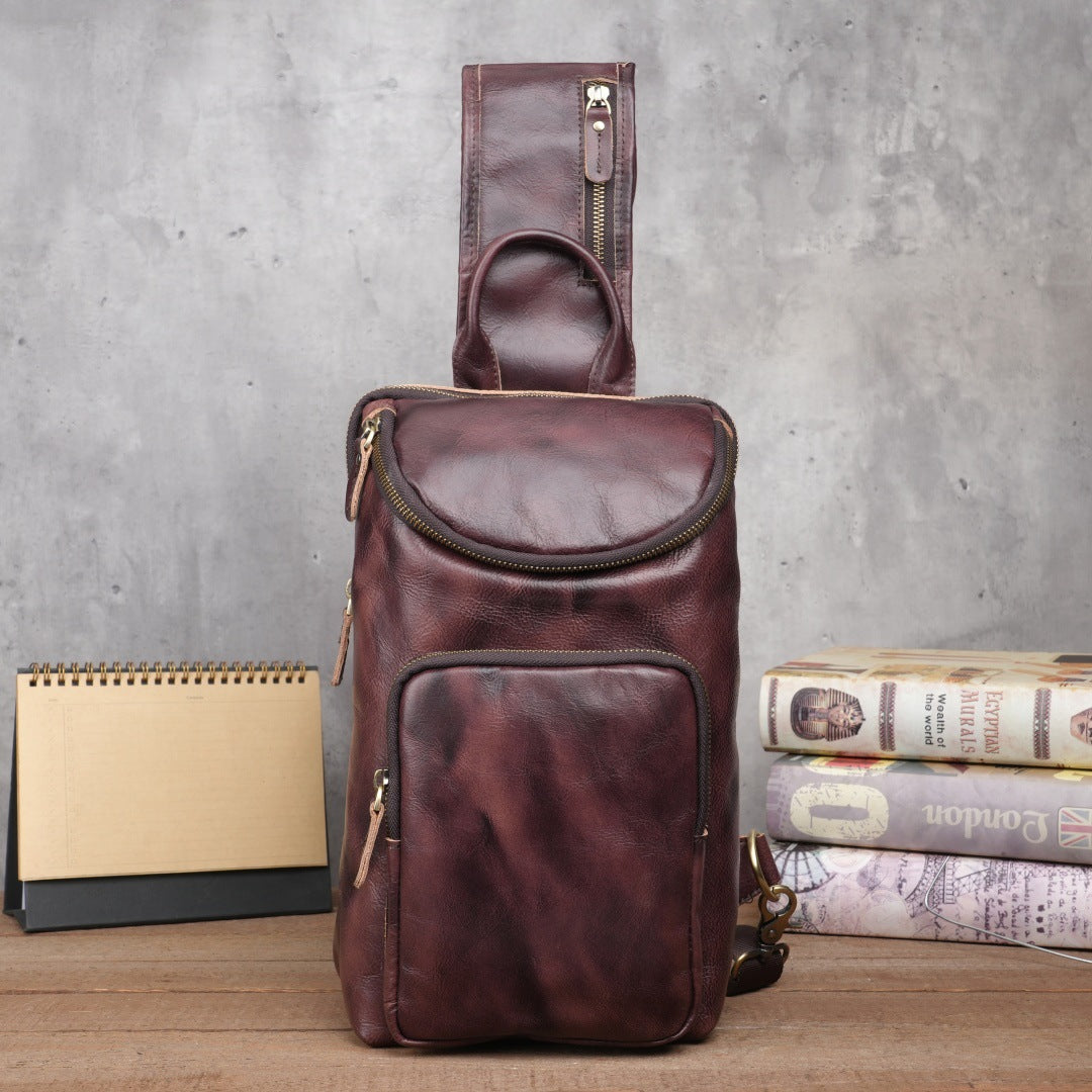 Men's Crazy Horse Leather Vintage Sling Bag — Handmade 3-Way Carry Chest / Shoulder / Backpack