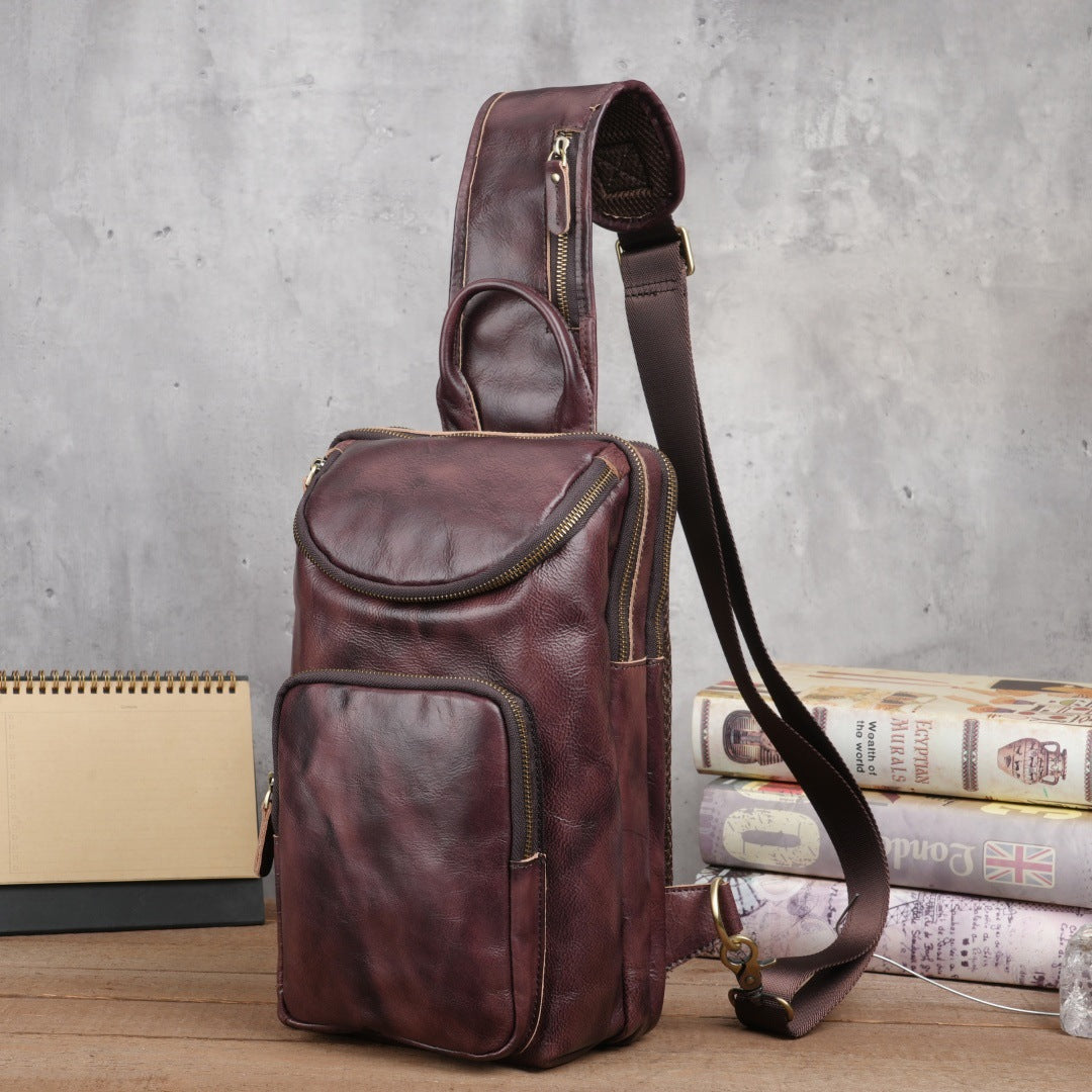 Men's Crazy Horse Leather Vintage Sling Bag — Handmade 3-Way Carry Chest / Shoulder / Backpack