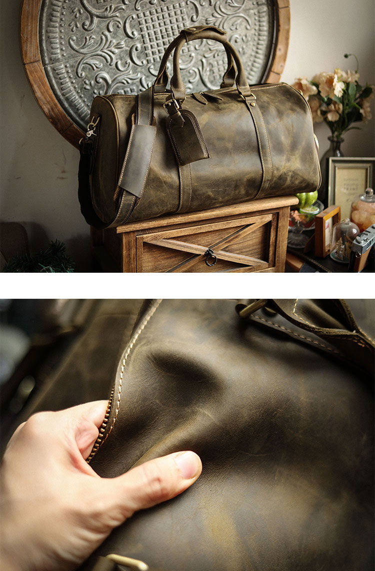 Men’s Full Grain Leather Travel Duffel, Large Crazy Horse Leather Carry-On Bag for Business, Leather Weekender, Camping & Short Trips