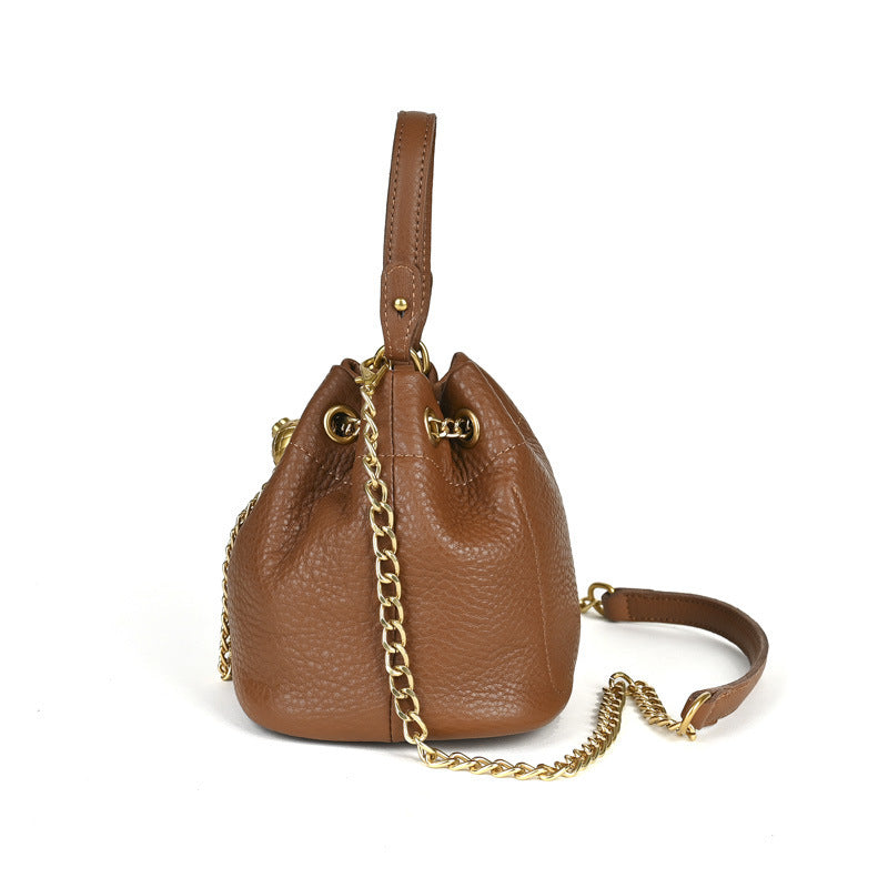 Handcrafted Top Grain Cowhide Leather Mini Bucket Bag | Women's Drawstring Chain Crossbody Purse