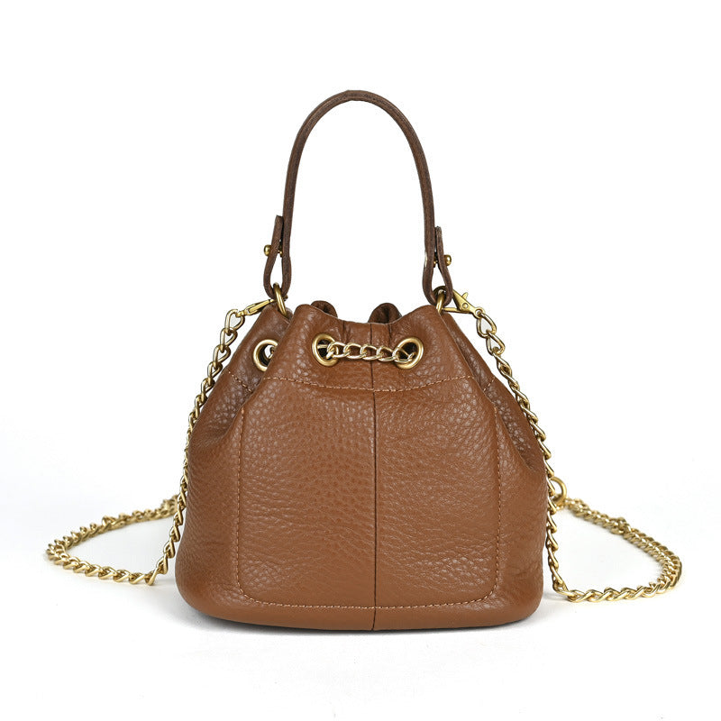 Handcrafted Top Grain Cowhide Leather Mini Bucket Bag | Women's Drawstring Chain Crossbody Purse