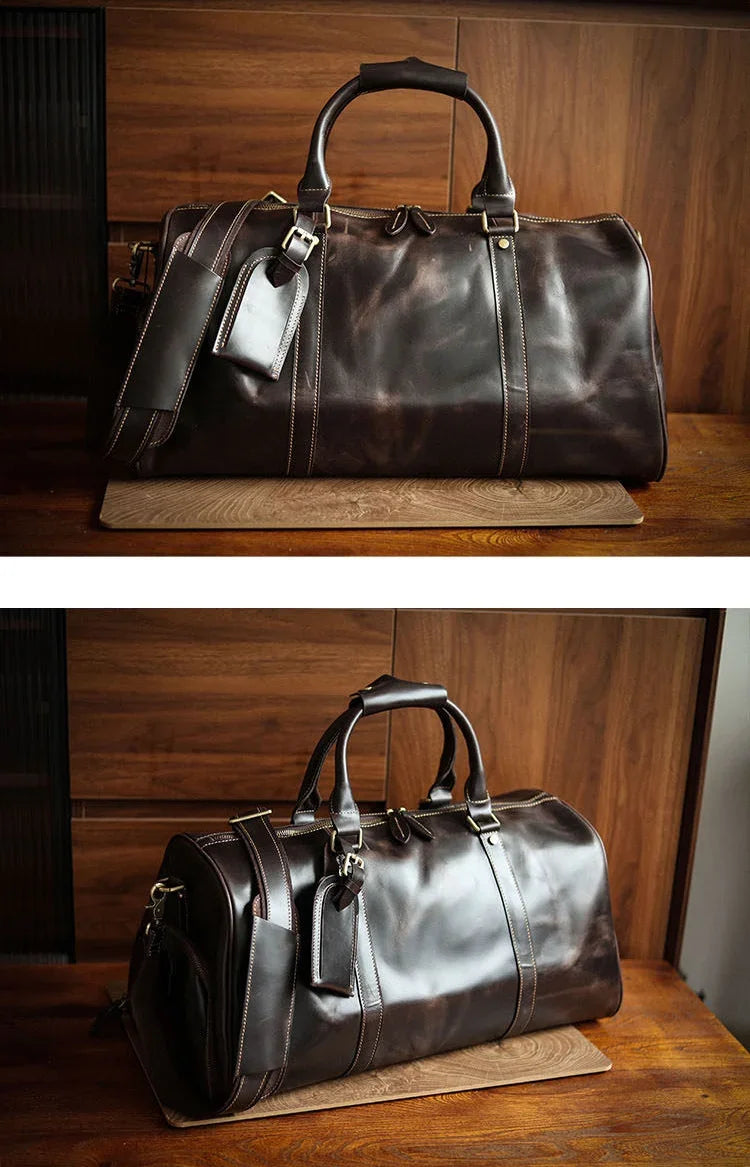 Men's Handmade FullGrain Leather Travel Duffel – Large Crazy Horse Leather Weekender | Carry-On Bag for Business, Camping & Short Trips