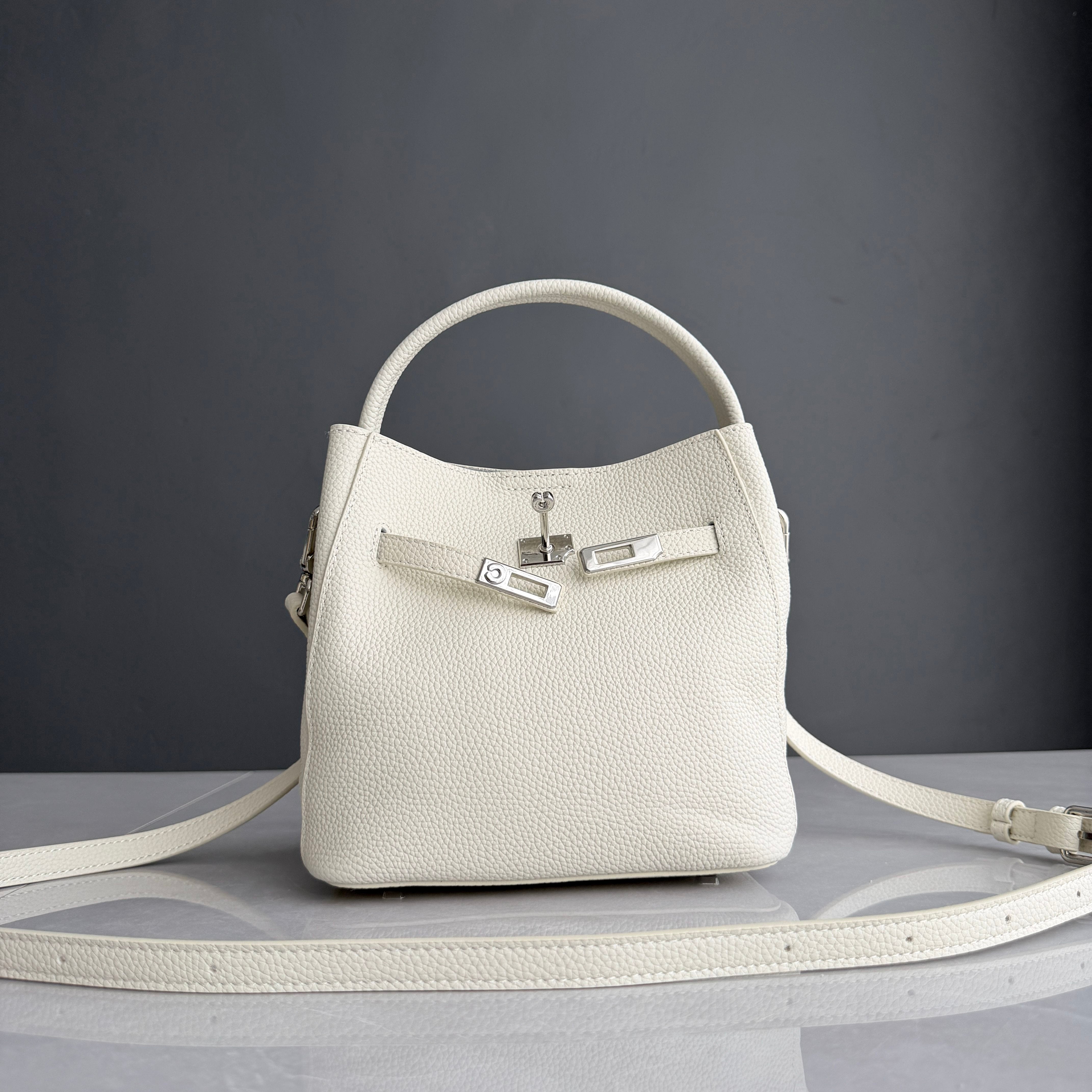 Luxury Pebbled Cowhide Leather Bucket Bag, Designer Crossbody with Twist Lock