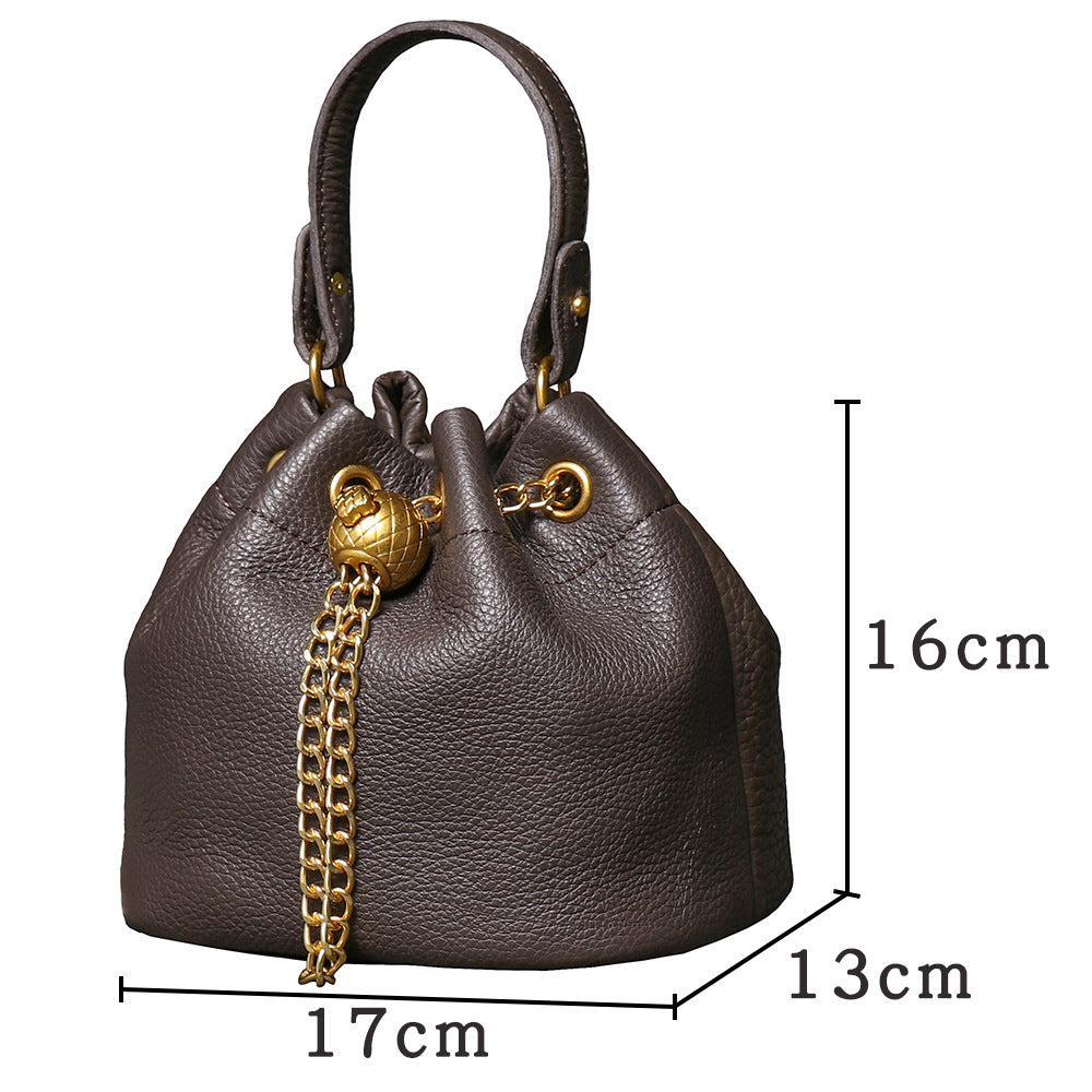 Handcrafted Top Grain Cowhide Leather Mini Bucket Bag | Women's Drawstring Chain Crossbody Purse