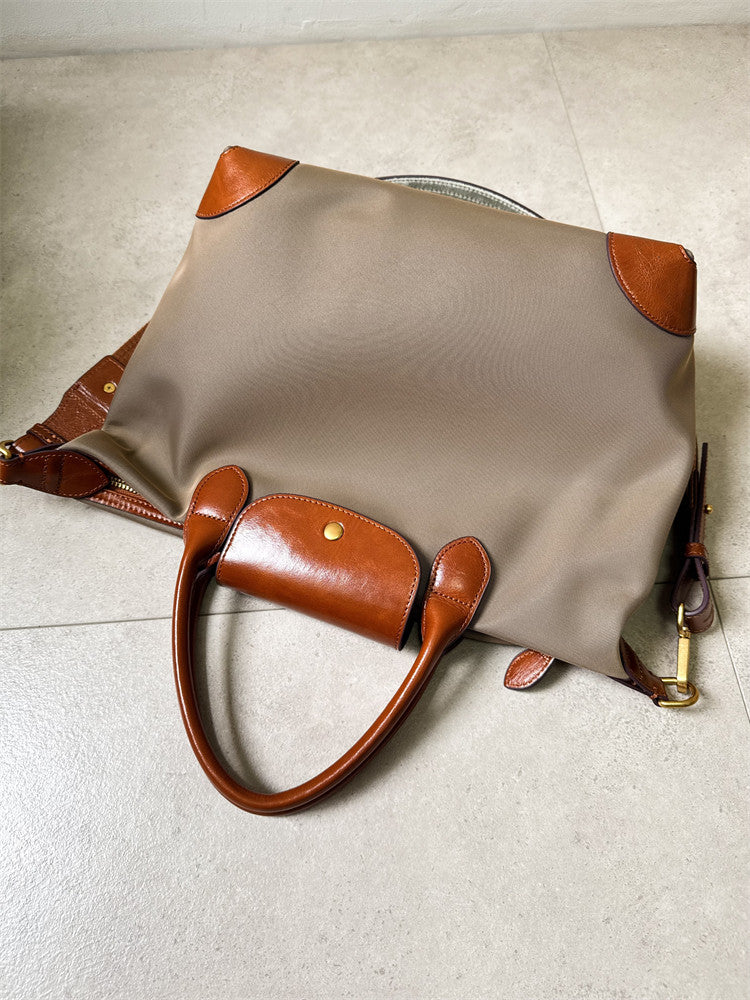 Recycled Nylon & Cowhide Leather Work Tote Bag – Handmade, 3 Sizes | Personalised Initials, Laptop Bag, Waterproof, Anti-Slip Strap