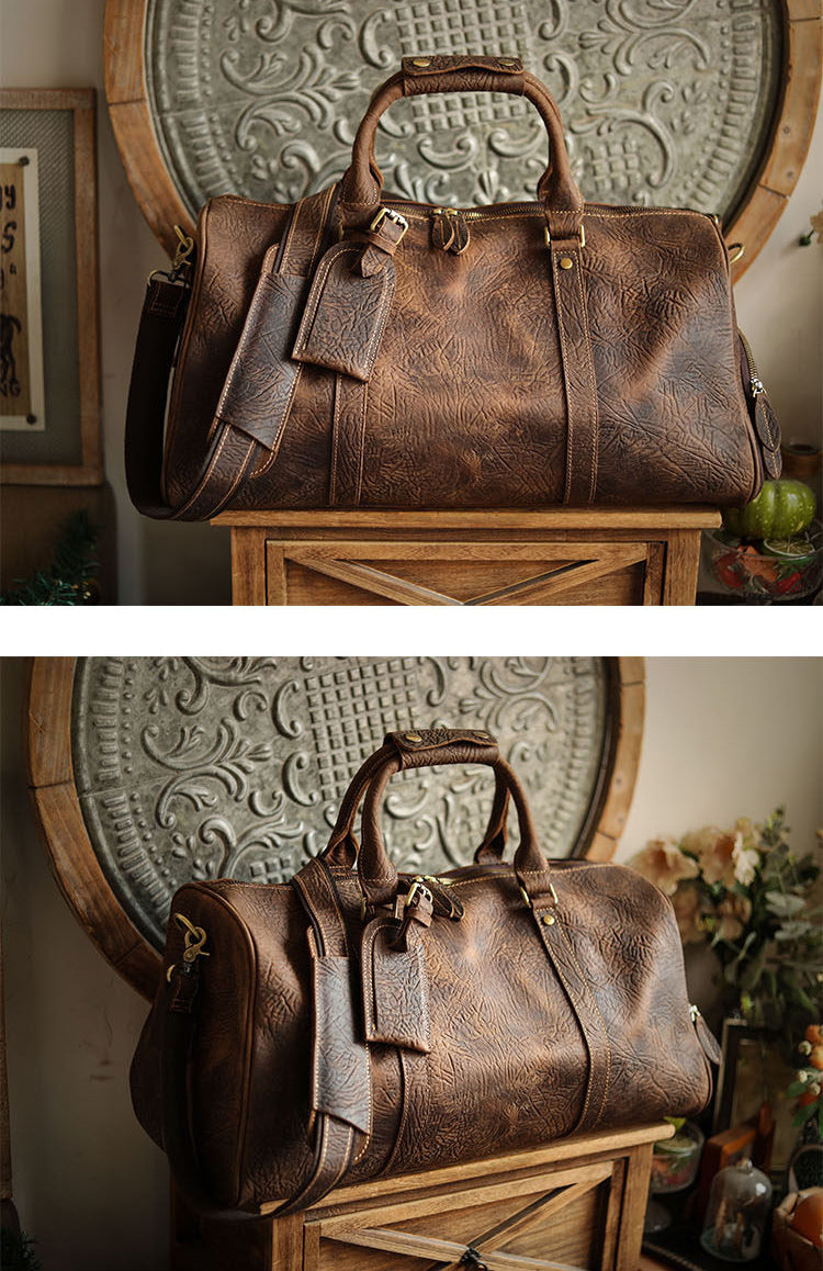 Men’s Full Grain Leather Travel Duffel, Large Crazy Horse Leather Carry-On Bag for Business, Leather Weekender, Camping & Short Trips