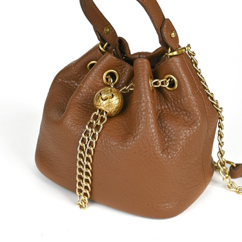 Handcrafted Top Grain Cowhide Leather Mini Bucket Bag | Women's Drawstring Chain Crossbody Purse