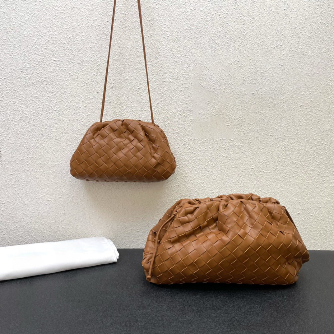 Small Handcrafted Lambskin Leather Weave Cloud Pouch With Pleated Design, Woven Crossbody Clutch Evening Bag