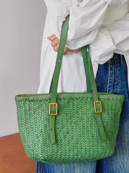 Handwoven Cowhide Leather Basket Tote Bag | Women's Shoulder Hobo Bag