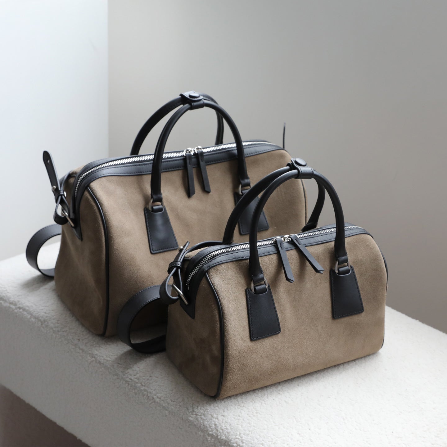 Vintage Suede Boston Bag for Women | Maillard-Tone Pillow Handbag with Detachable Strap | Niche Handcrafted Commuter Crossbody Bag