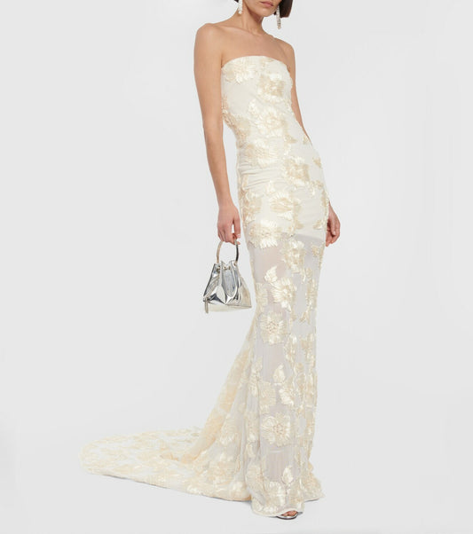 Elegant Floral Formal Gown Dress with Train, Slim Fit Luxury Backless Long Champagne Evening Dress for Weddings