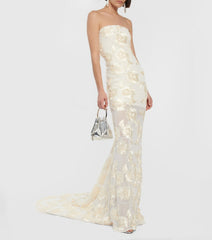 Elegant Floral Formal Gown Dress with Train, Slim Fit Luxury Backless Long Champagne Evening Dress for Weddings