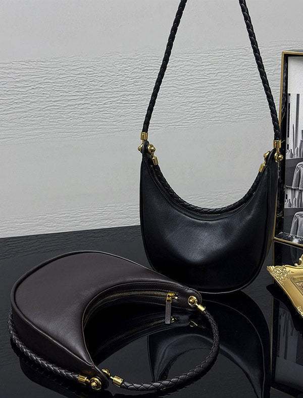 Braided Strap Lambskin Leather Hobo Bag | Handheld, Shoulder, and Crossbody Crescent Bag