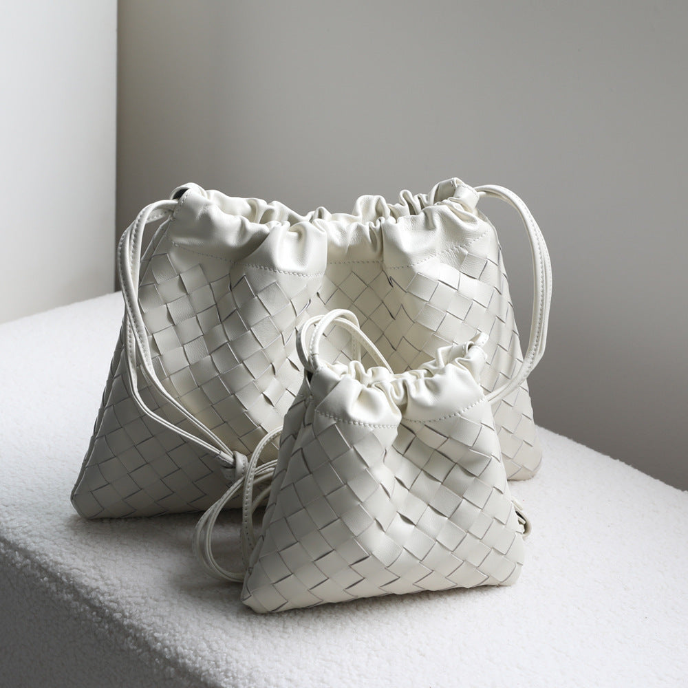 Luxurious Handwoven Lambskin Handbag Drawstring, Genuine Leather Shoulder Bucket Bag for Women