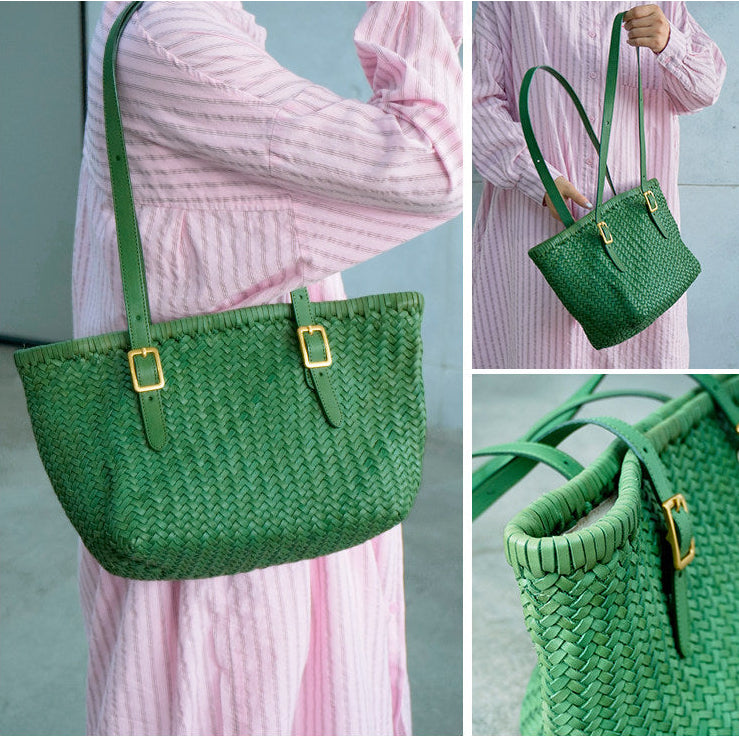 Handwoven Cowhide Leather Basket Tote Bag | Women's Shoulder Hobo Bag
