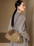 Full Grain Leather Pillow Boston Bag – Pebbled Cowhide & Suede Shoulder Bag | Gold Hardware, Top Handle & Crossbody Strap