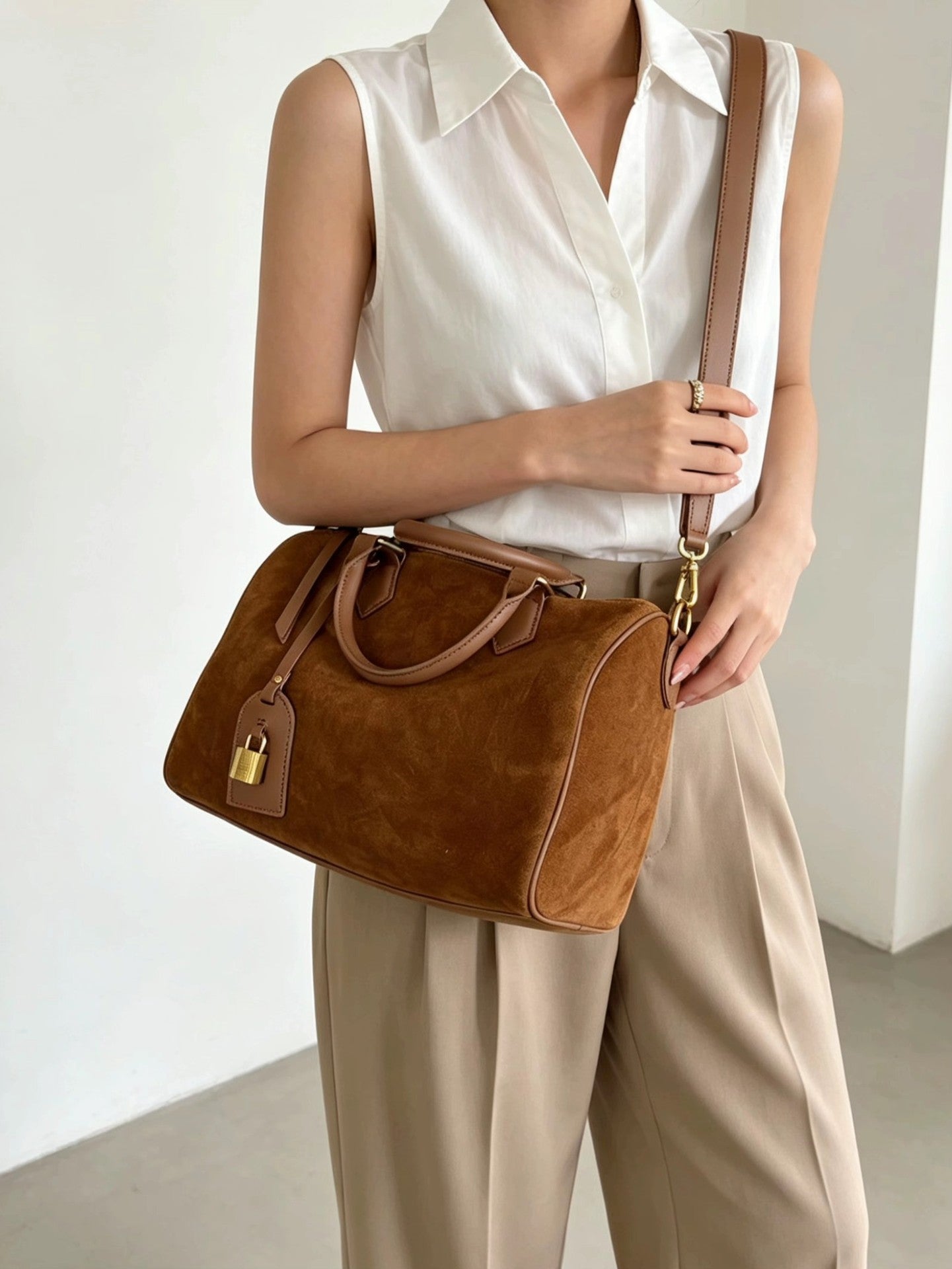 Handcrafted Suede Leather Boston Bag for Women | Padlock Charm Shoulder& Crossbody Bag | Handcrafted Matte Cowhide Top Handle Purse
