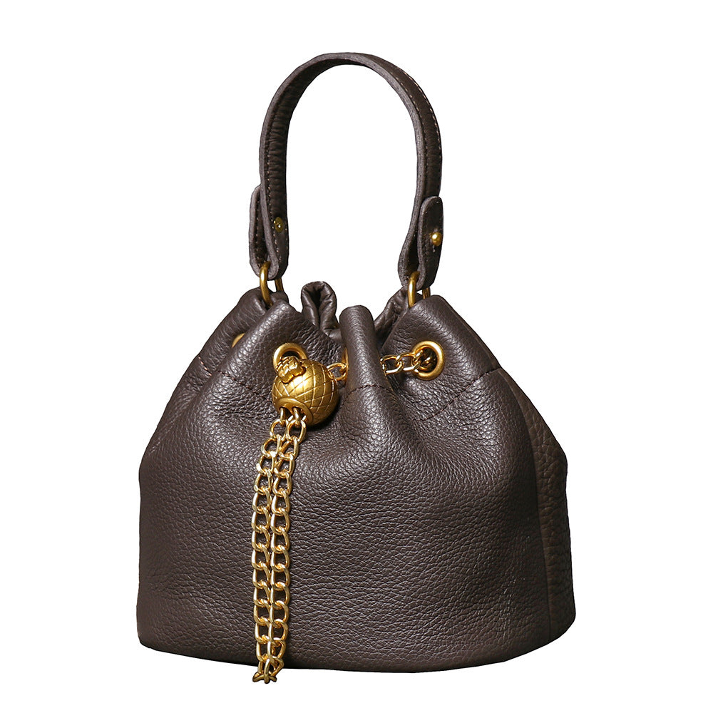Handcrafted Top Grain Cowhide Leather Mini Bucket Bag | Women's Drawstring Chain Crossbody Purse