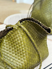 Summer Handwoven Cowhide Leather Tote Bag, Large Soft Slouchy Shoulder Bag, Lightweight Travel & Commuter Fashion Shopper Bag For Women