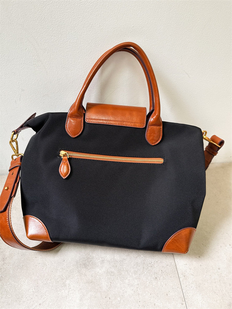 Recycled nylon cowhide work tote worn crossbody – handmade commuter bag personalised initials