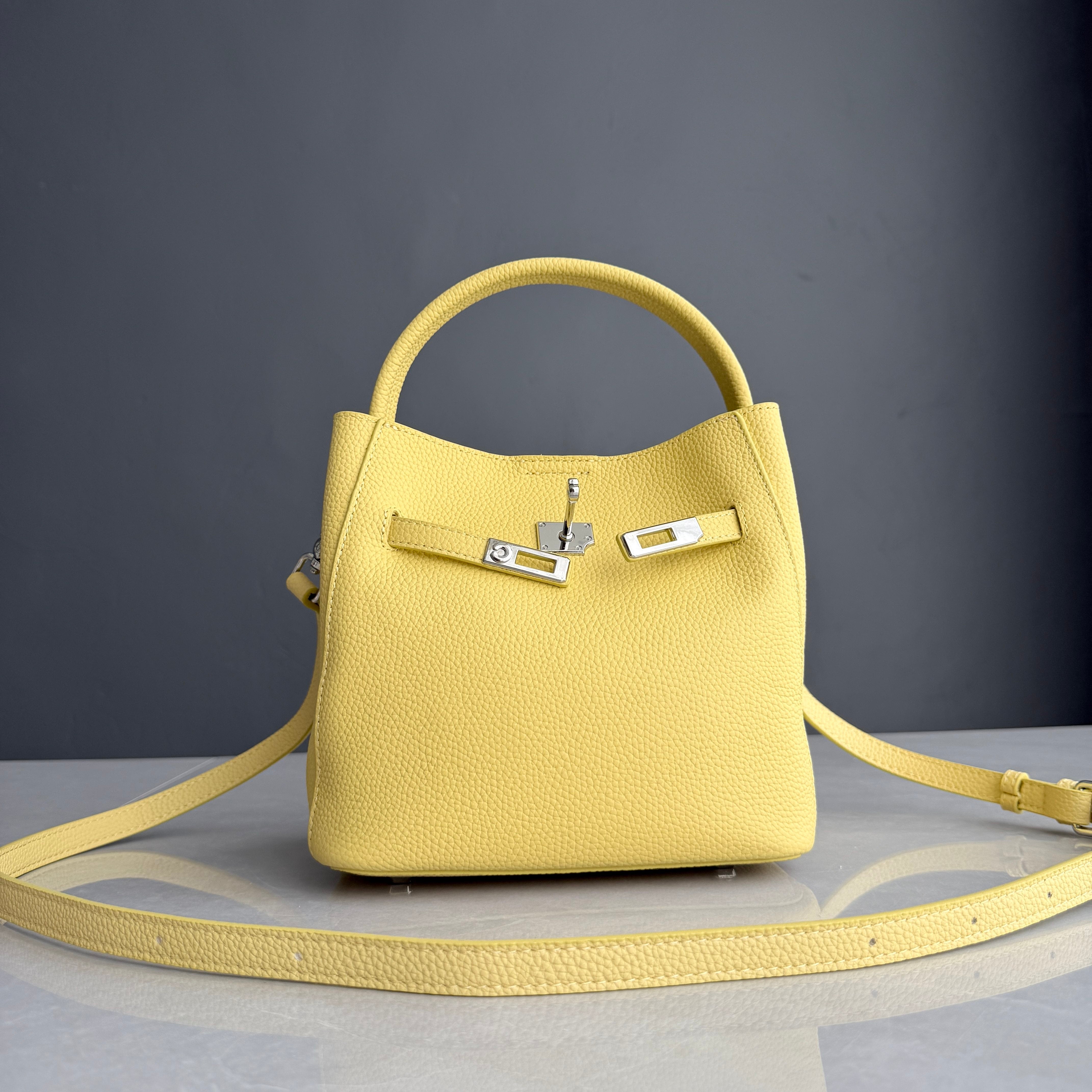 Luxury Pebbled Cowhide Leather Bucket Bag, Designer Crossbody with Twist Lock