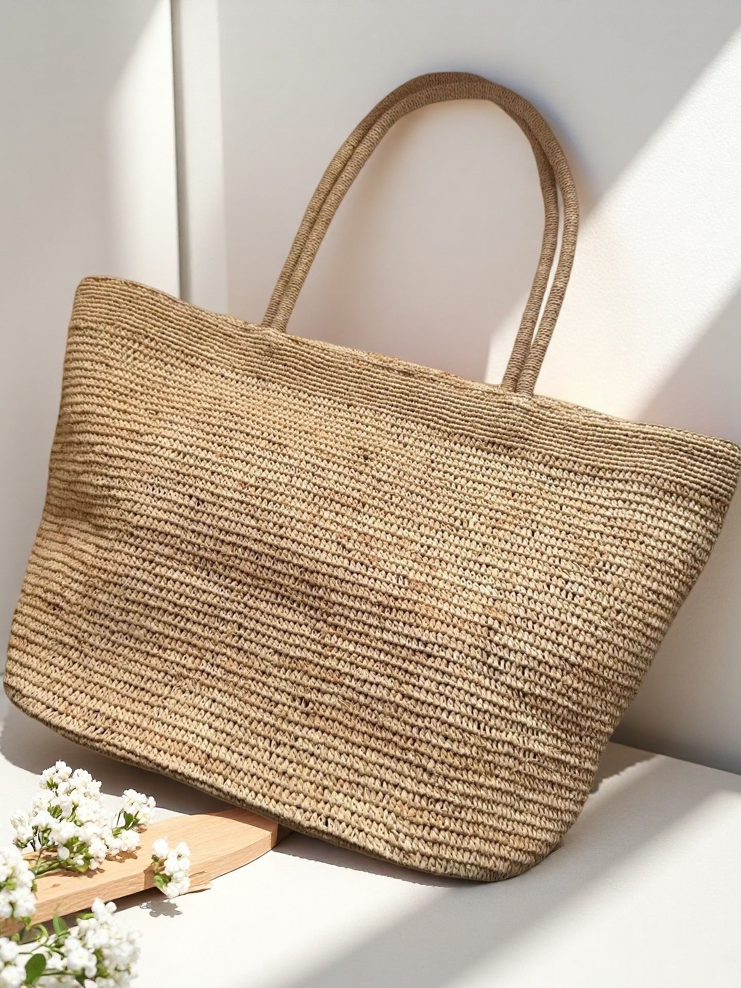 Natural raffia straw tote bag and complimentary scarf – handmade vacation beach bag gift set
