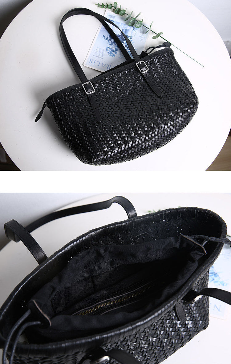 Handwoven Cowhide Leather Basket Tote Bag | Women's Shoulder Hobo Bag