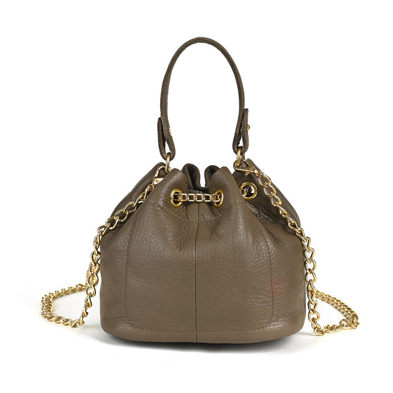Handcrafted Top Grain Cowhide Leather Mini Bucket Bag | Women's Drawstring Chain Crossbody Purse