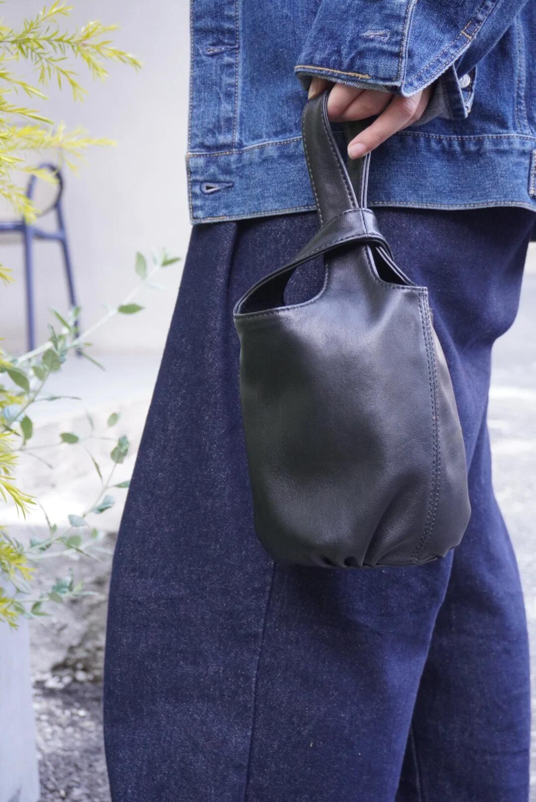 Vintage Leather Knot-Handle Bucket Bag | Handmade Soft Cowhide Mini Handbag