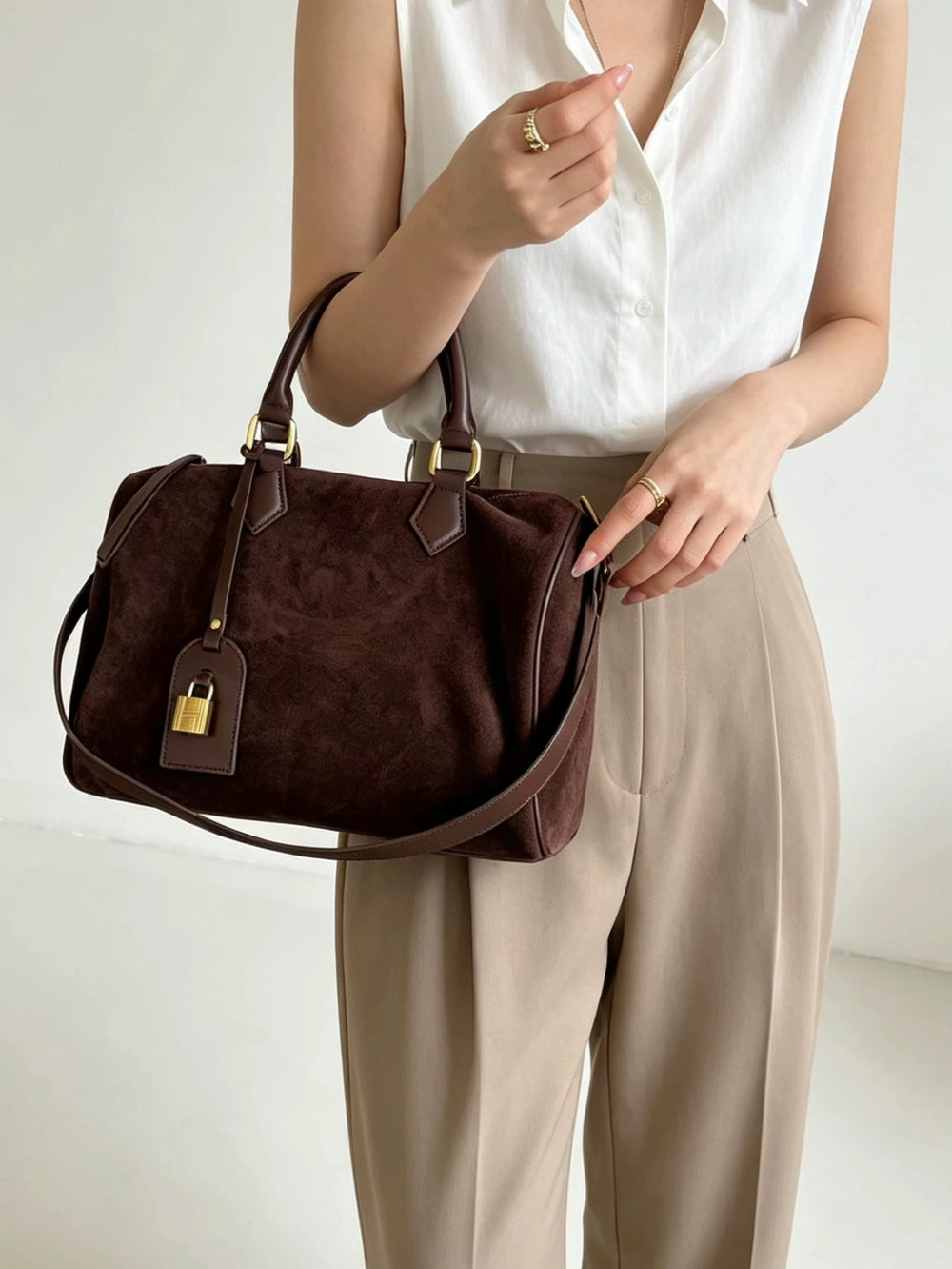 Handcrafted Suede Leather Boston Bag for Women | Padlock Charm Shoulder& Crossbody Bag | Handcrafted Matte Cowhide Top Handle Purse