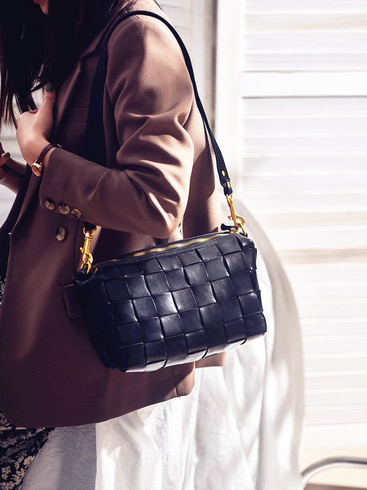 Handwoven Full Grain Leather Crossbody Bag | Vintage Women's Shoulder Bag
