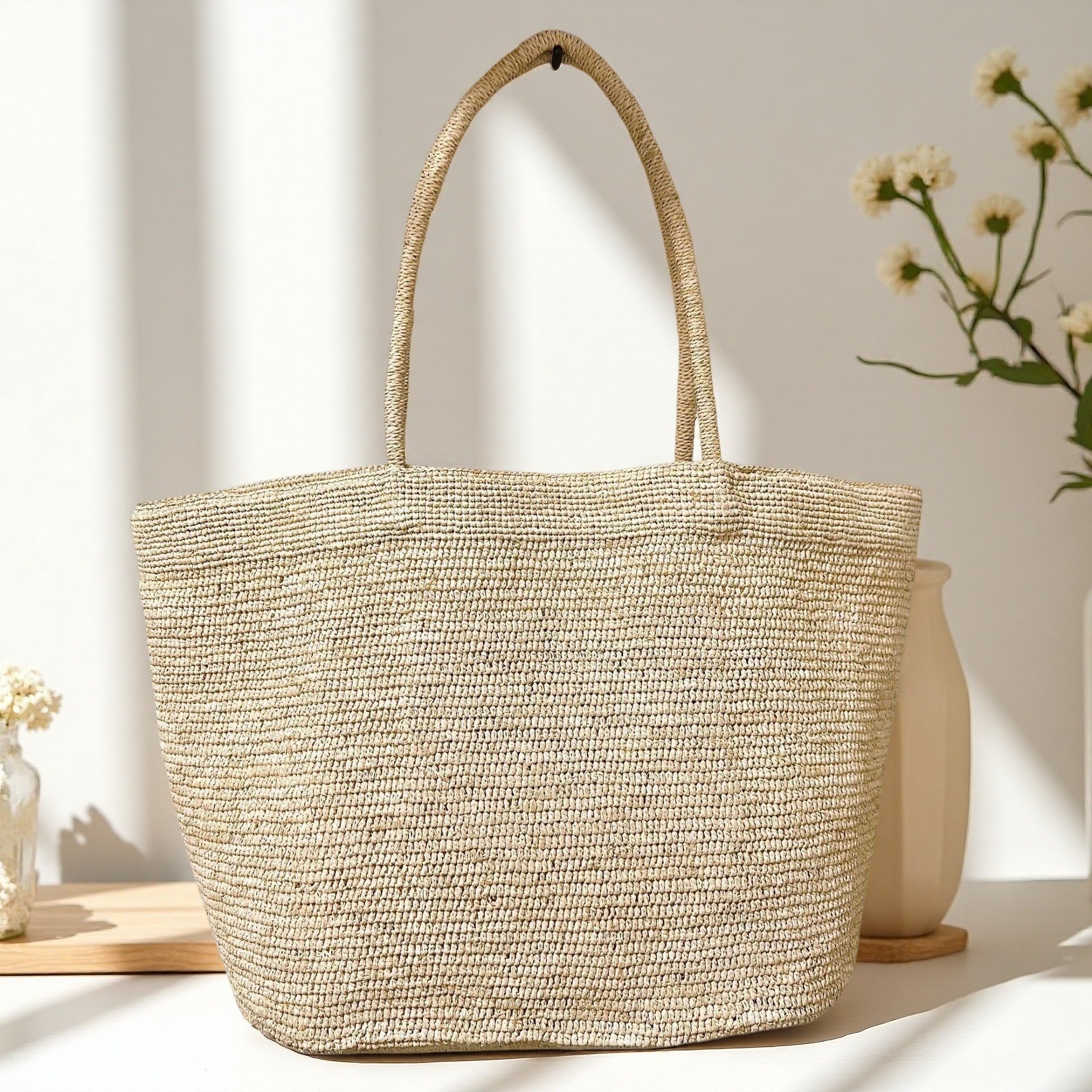 Coffee brown handwoven raffia tote bag – large natural straw beach bag summer resort style