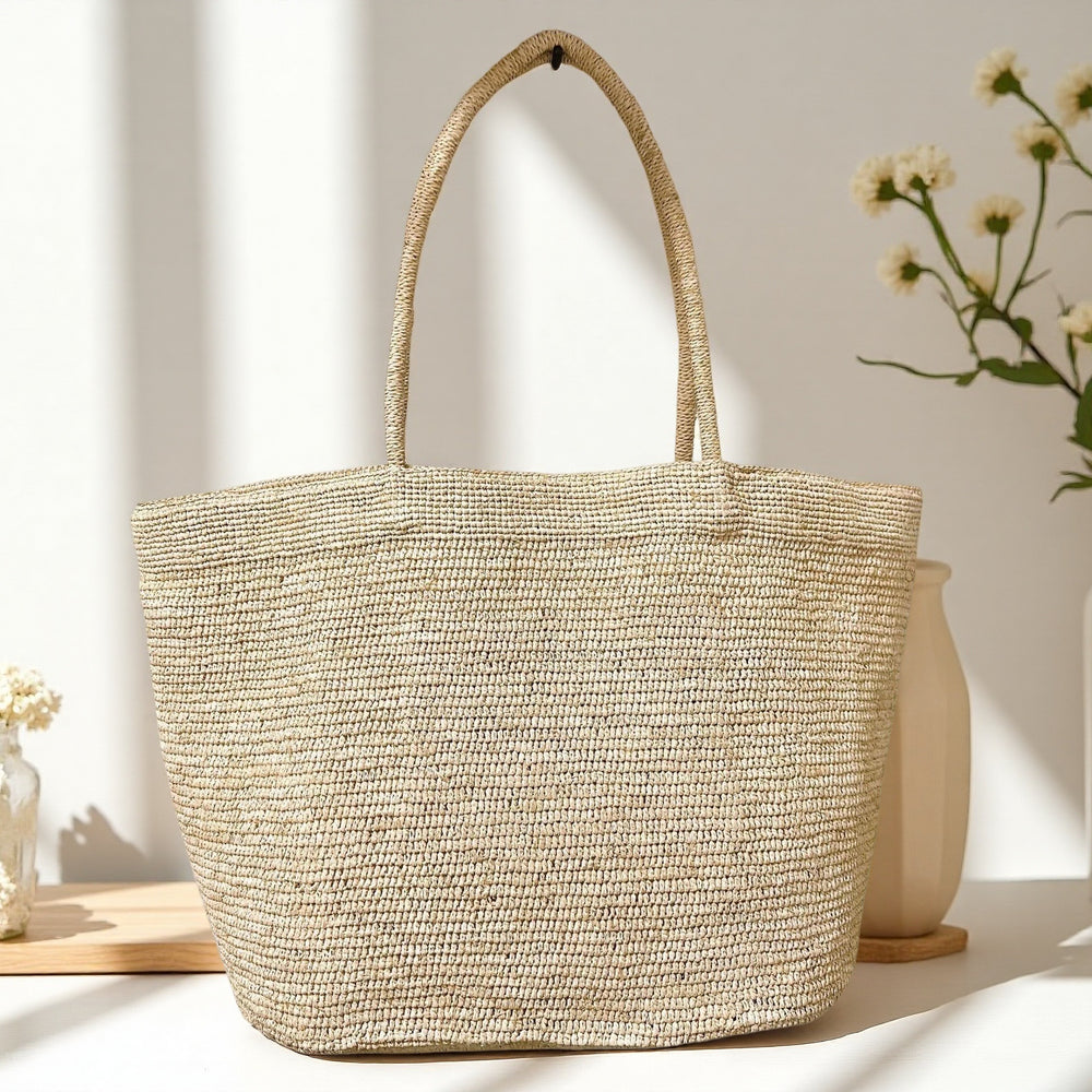 Coffee brown handwoven raffia tote bag – large natural straw beach bag summer resort style