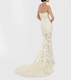 Elegant Floral Formal Gown Dress with Train, Slim Fit Luxury Backless Long Champagne Evening Dress for Weddings