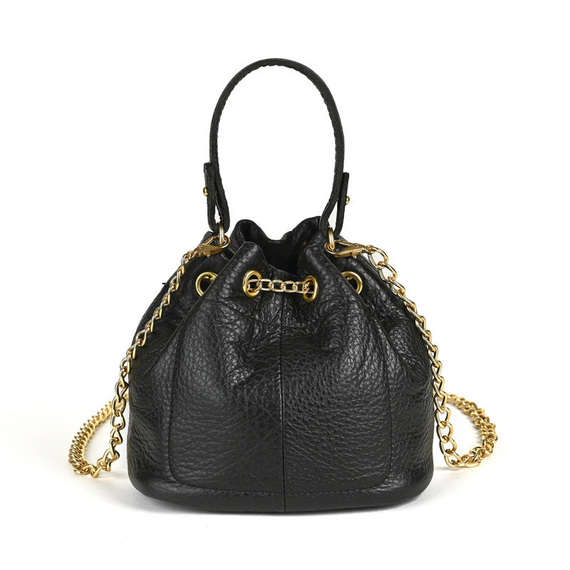 Handcrafted Top Grain Cowhide Leather Mini Bucket Bag | Women's Drawstring Chain Crossbody Purse