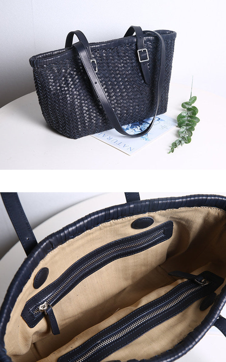 Handwoven Cowhide Leather Basket Tote Bag | Women's Shoulder Hobo Bag