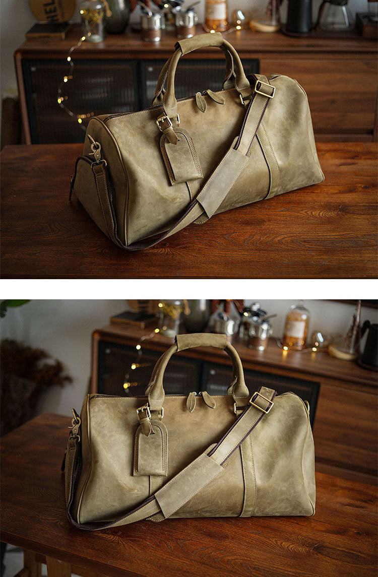 Men’s Full Grain Leather Travel Duffel, Large Crazy Horse Leather Carry-On Bag for Business, Leather Weekender, Camping & Short Trips