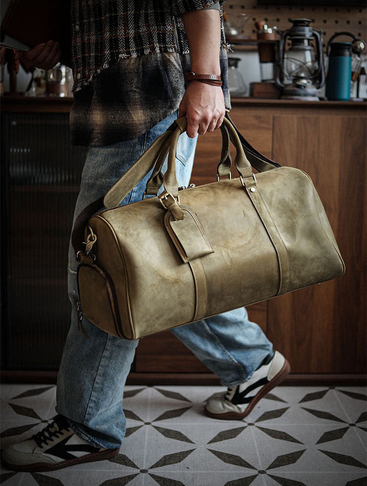 Men’s Full Grain Leather Travel Duffel, Large Crazy Horse Leather Carry-On Bag for Business, Leather Weekender, Camping & Short Trips