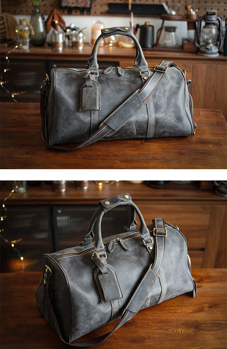 Men’s Full Grain Leather Travel Duffel, Large Crazy Horse Leather Carry-On Bag for Business, Leather Weekender, Camping & Short Trips