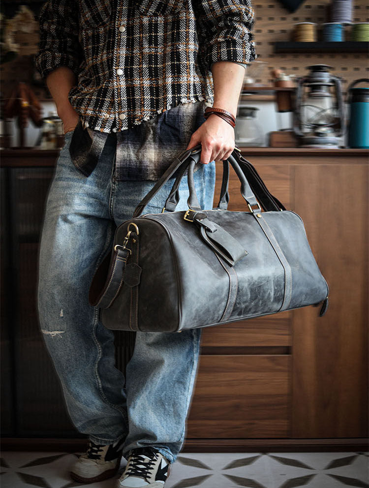Men’s Full Grain Leather Travel Duffel, Large Crazy Horse Leather Carry-On Bag for Business, Leather Weekender, Camping & Short Trips