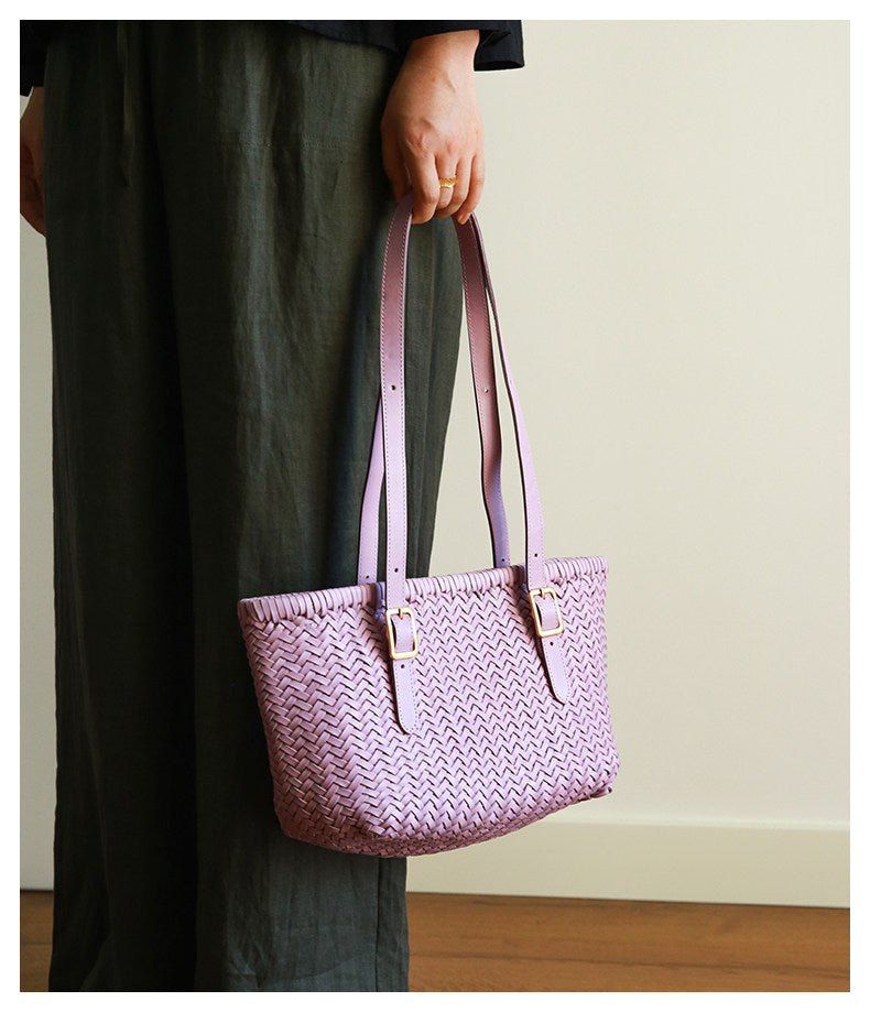 Handwoven Cowhide Leather Basket Tote Bag | Women's Shoulder Hobo Bag