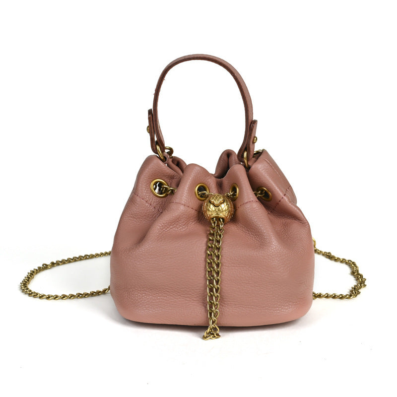 Handcrafted Top Grain Cowhide Leather Mini Bucket Bag | Women's Drawstring Chain Crossbody Purse