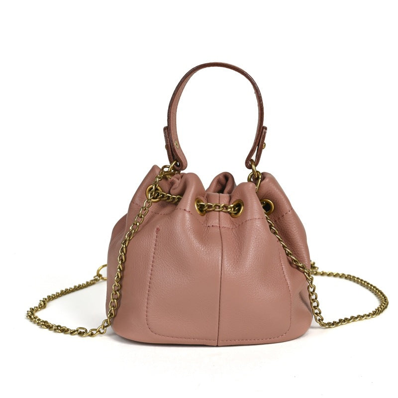 Handcrafted Top Grain Cowhide Leather Mini Bucket Bag | Women's Drawstring Chain Crossbody Purse