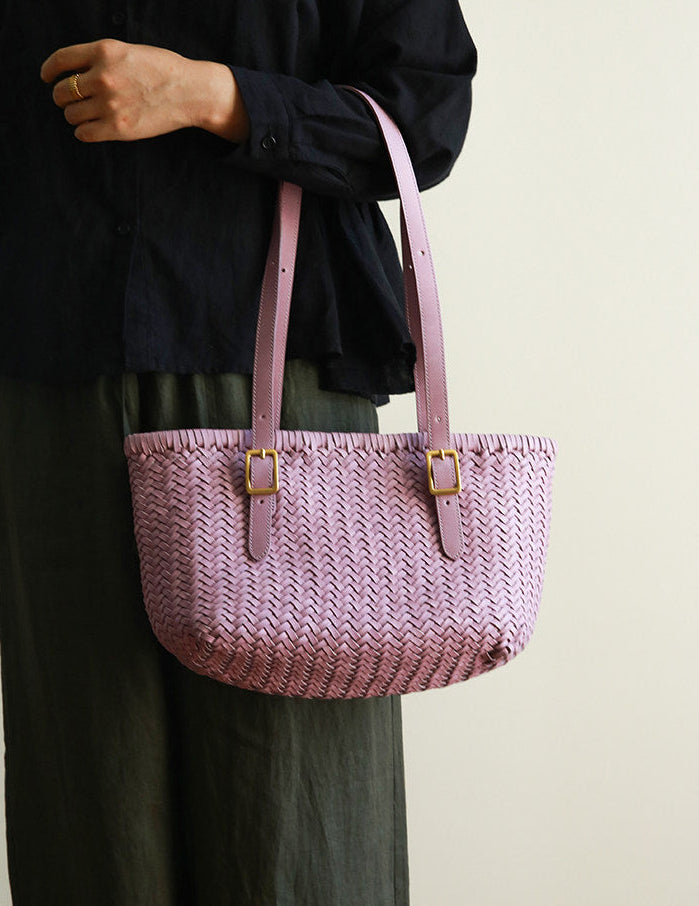 Handwoven Cowhide Leather Basket Tote Bag | Women's Shoulder Hobo Bag