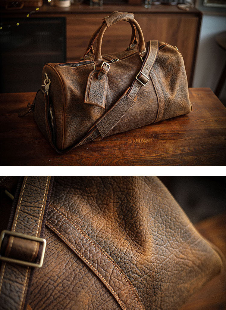 Men’s Full Grain Leather Travel Duffel, Large Crazy Horse Leather Carry-On Bag for Business, Leather Weekender, Camping & Short Trips