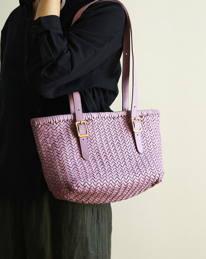 Handwoven Cowhide Leather Basket Tote Bag | Women's Shoulder Hobo Bag