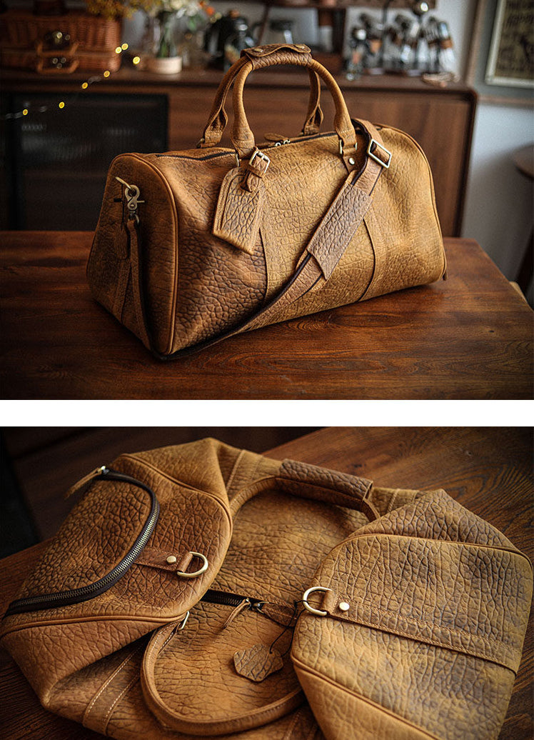 Men’s Full Grain Leather Travel Duffel, Large Crazy Horse Leather Carry-On Bag for Business, Leather Weekender, Camping & Short Trips