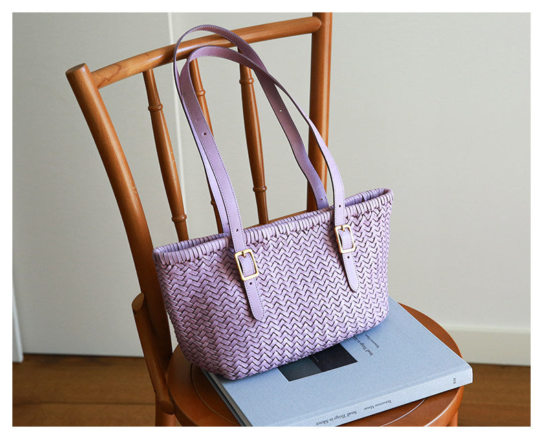 Handwoven Cowhide Leather Basket Tote Bag | Women's Shoulder Hobo Bag