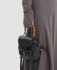 Handmade Cowhide Leather Mini Bamboo Convertible Backpack | Leather Drawstring Shoulder & Handbag for Women
